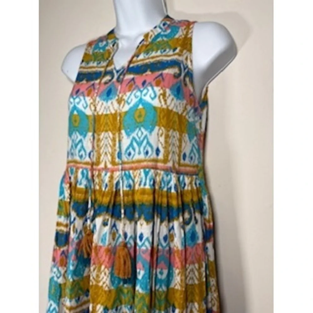 Sangria Maxi Dress S Multicolor Ikat Tiered Boho Tassel Cotton Summer Festival - Picture 2 of 8